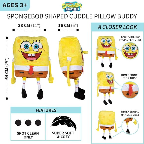 🆕 Kids Yellow Bedding Plush Cuddle Pillow Buddy One Size Spongebob Accessory - Picture 4 of 6